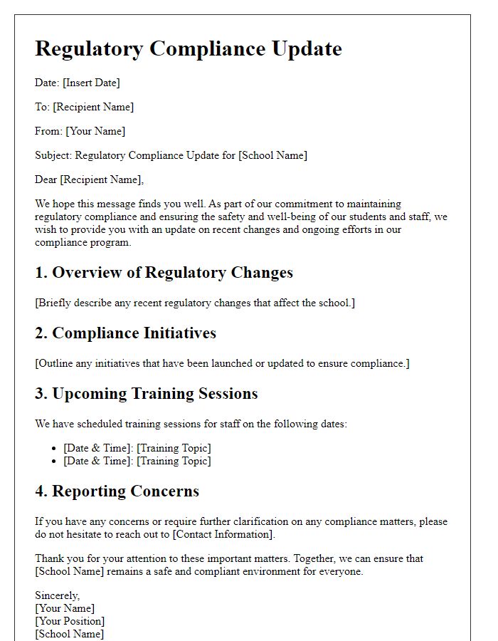 Letter template of regulatory compliance update for schools