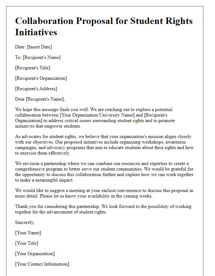 Letter template of collaboration for student rights initiatives