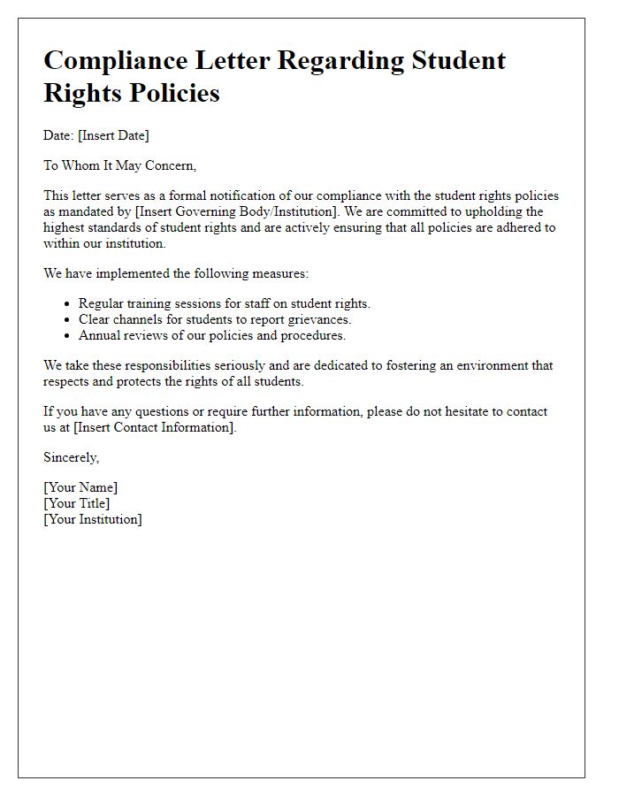 Letter template of compliance regarding student rights policies