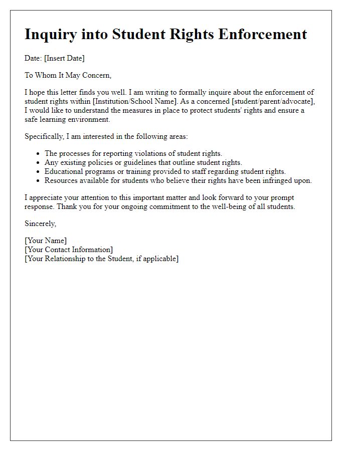 Letter template of inquiry into student rights enforcement