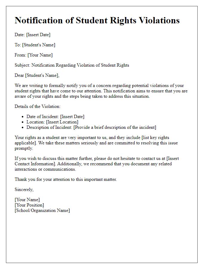 Letter template of notification for student rights violations