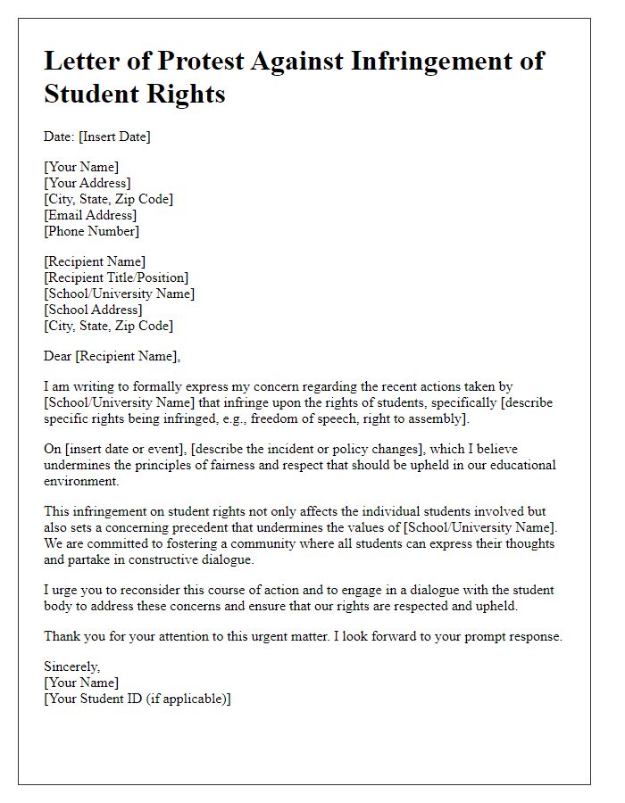 Letter template of protest against student rights infringement