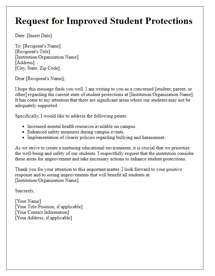 Letter template of request for improved student protections