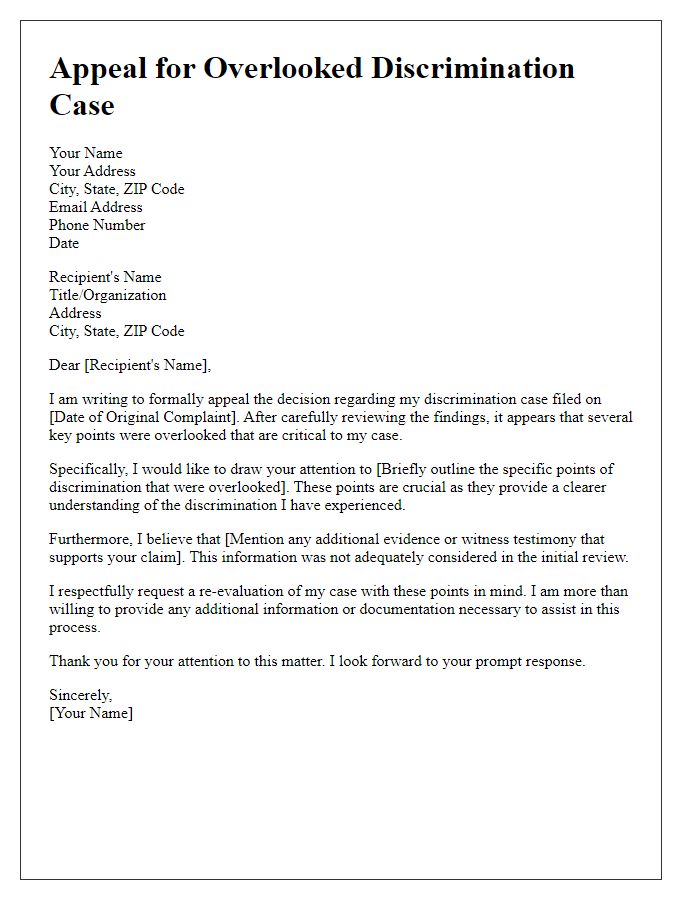 Letter template of appeal for overlooked discrimination case