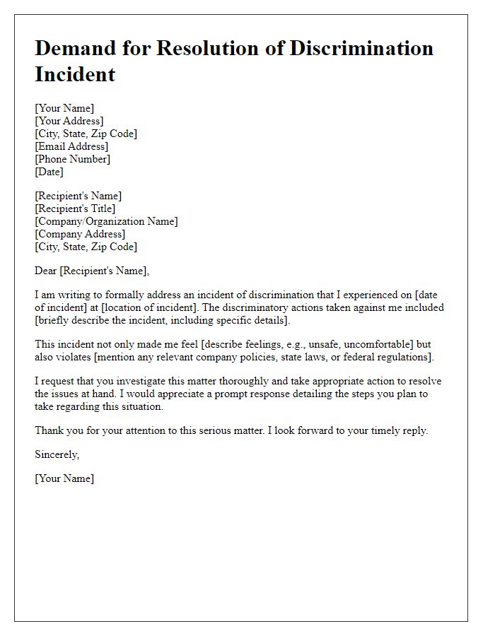 Letter template of demand for resolution of discrimination incident