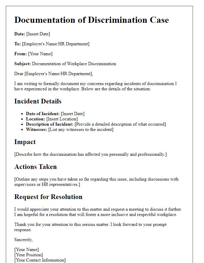 Letter template of documentation for employer discrimination case