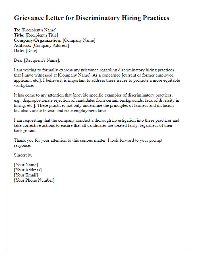 Letter template of grievance for discriminatory hiring practices