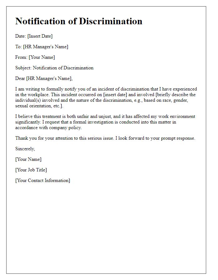 Letter template of notification of discrimination to HR