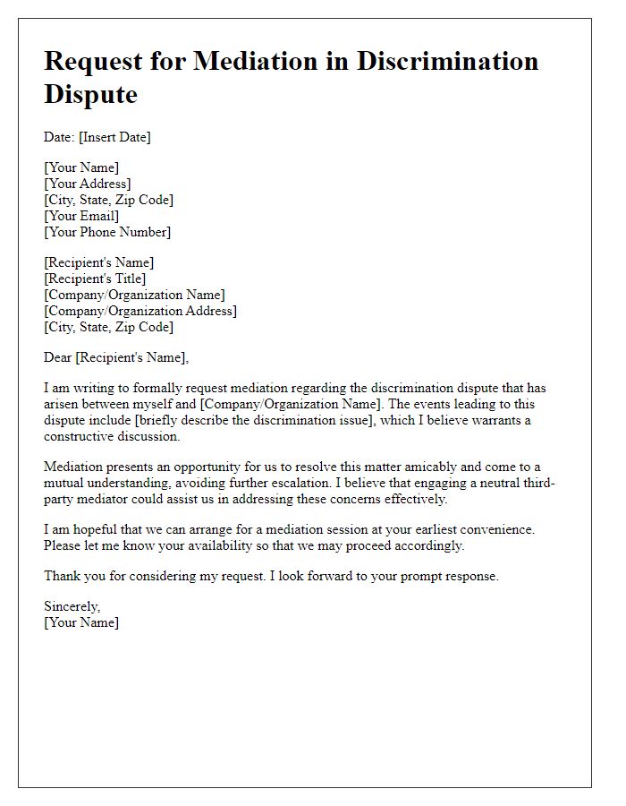 Letter template of request for mediation in discrimination dispute