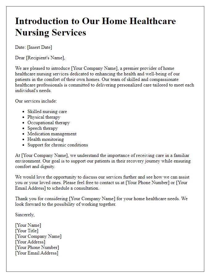 Letter template of introduction for home healthcare nursing services.