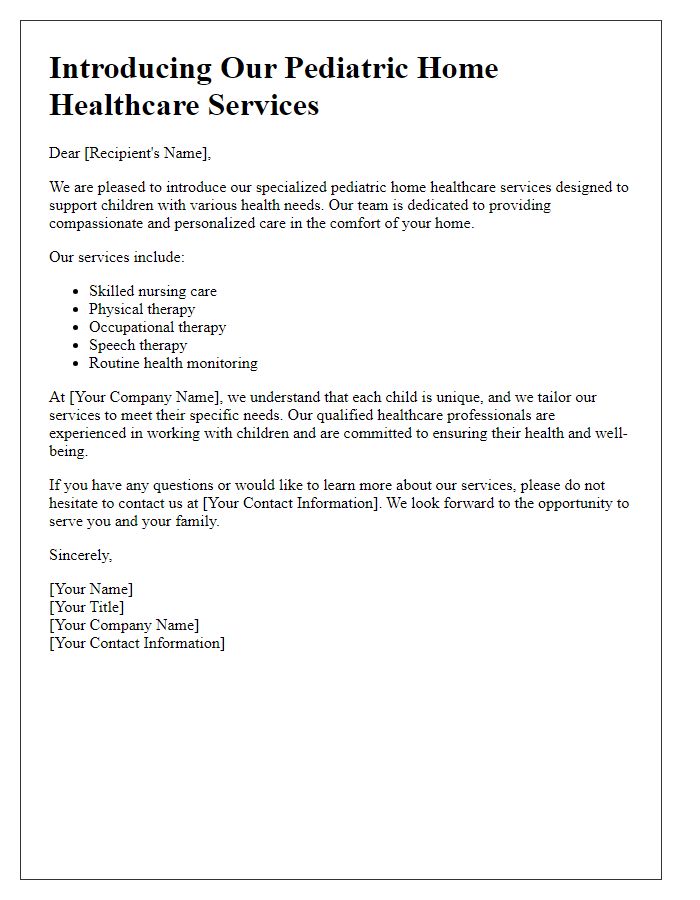 Letter template of introduction for pediatric home healthcare services.