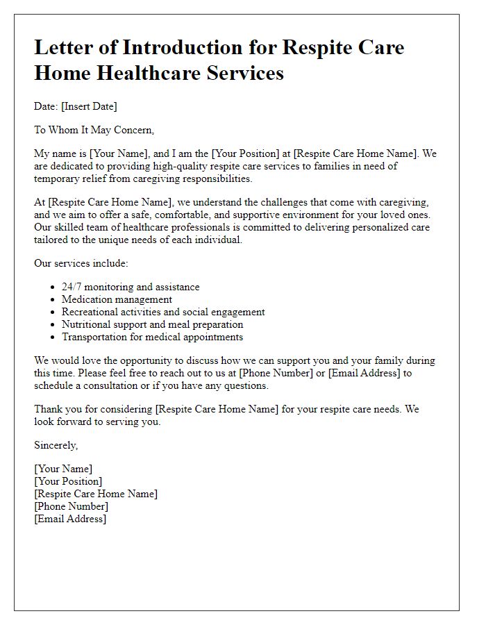 Letter template of introduction for respite care home healthcare services.