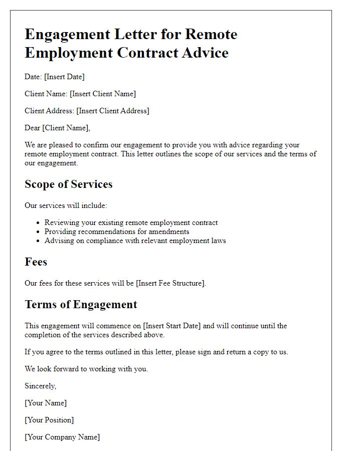 Letter template of engagement for remote employment contract advice