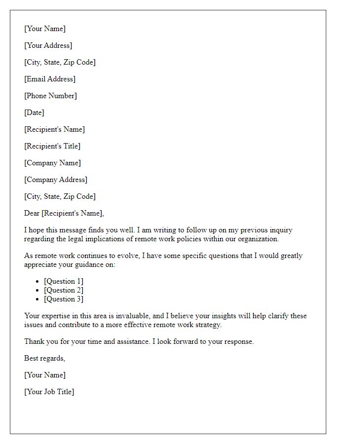 Letter template of follow-up regarding remote work legal questions