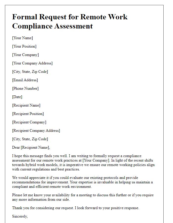 Letter template of formal request for remote work compliance assessment