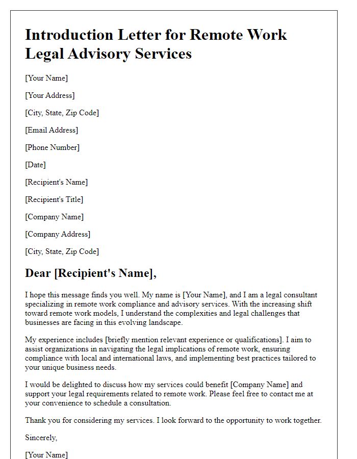 Letter template of introduction for remote work legal advisory services