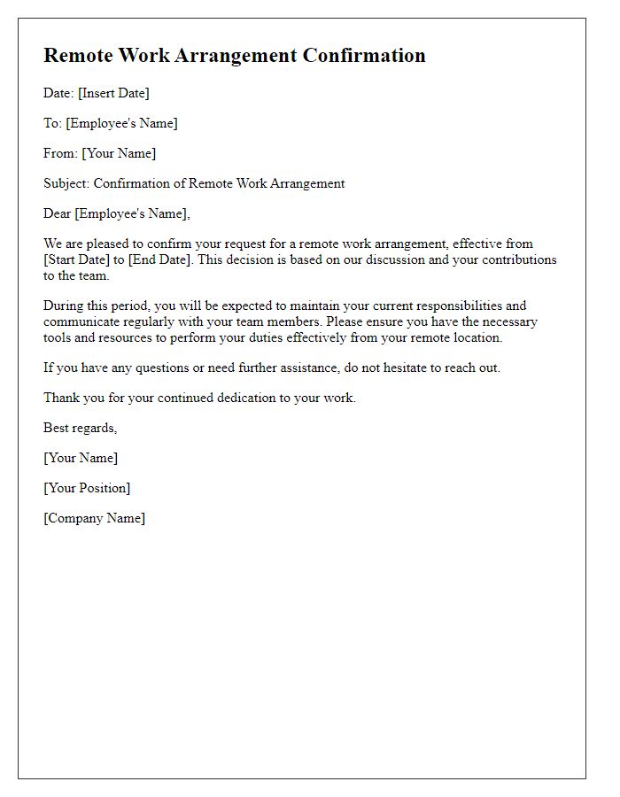 Letter template of remote work arrangement confirmation.