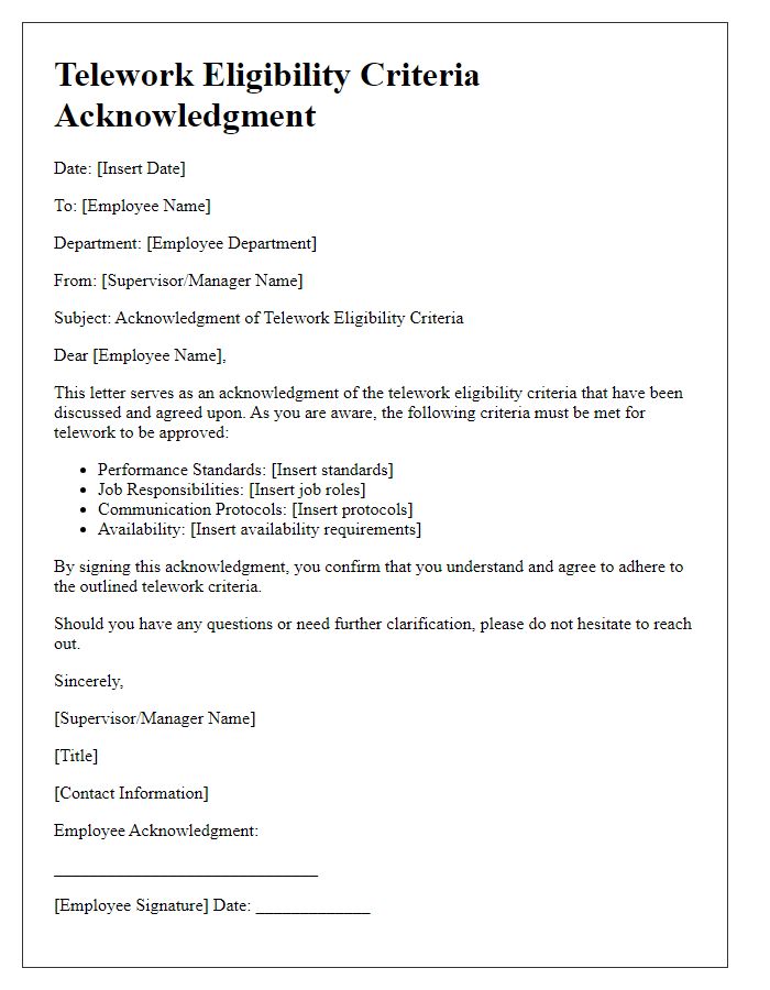 Letter template of telework eligibility criteria acknowledgment.