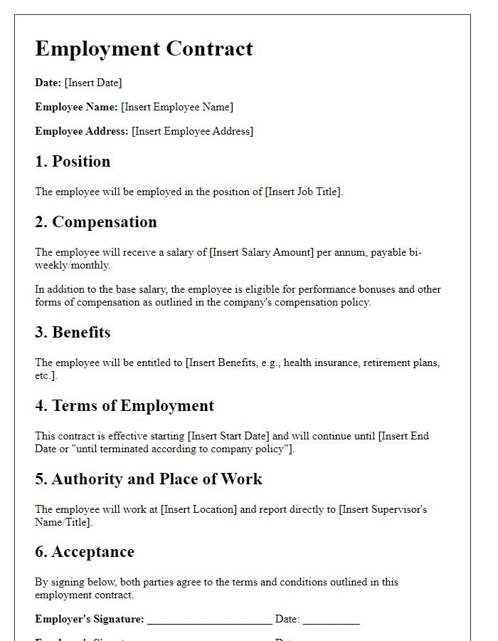 Letter template of employment contract with compensation stipulations