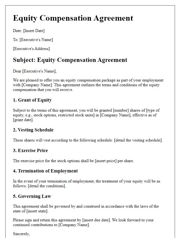 Letter template of equity compensation agreement for executives