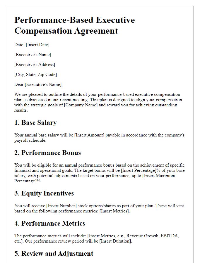 Letter template of performance-based executive compensation details