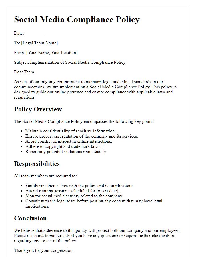 Letter template of Social Media Compliance Policy for Legal Teams