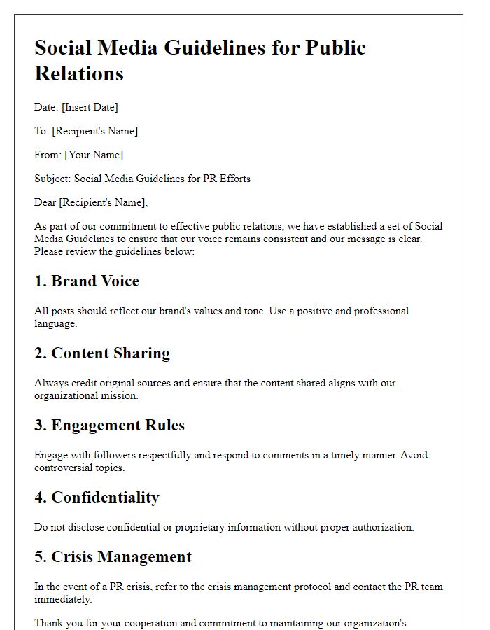 Letter template of Social Media Guidelines for Public Relations