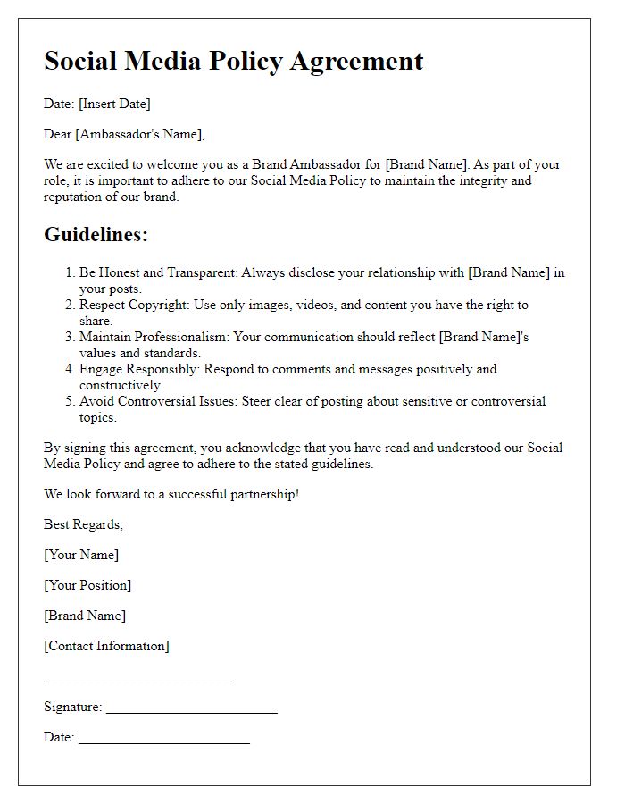 Letter template of Social Media Policy for Brand Ambassadors