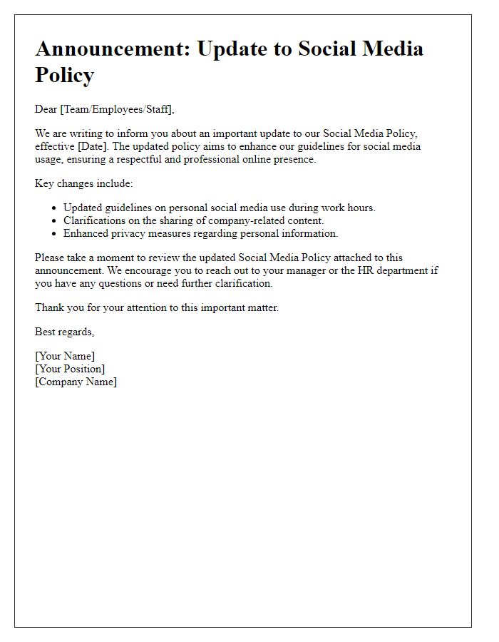 Letter template of Social Media Policy Update Announcement