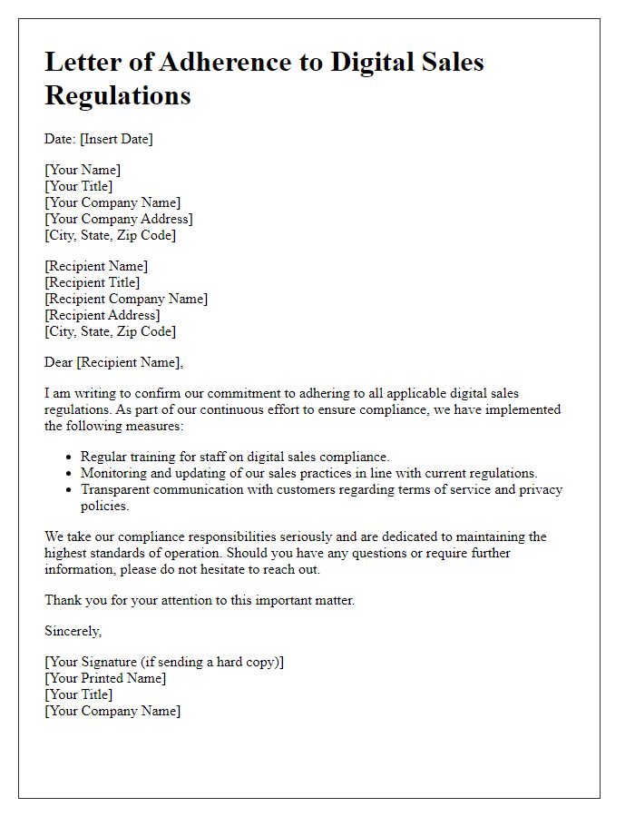 Letter template of adherence to digital sales regulations.