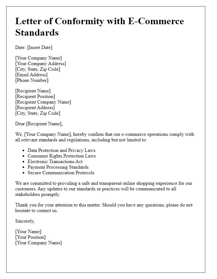 Letter template of conformity with e-commerce standards.