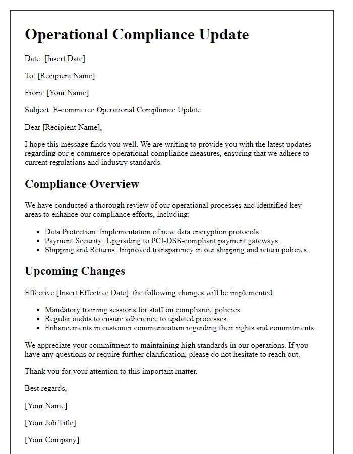 Letter template of e-commerce operational compliance update.