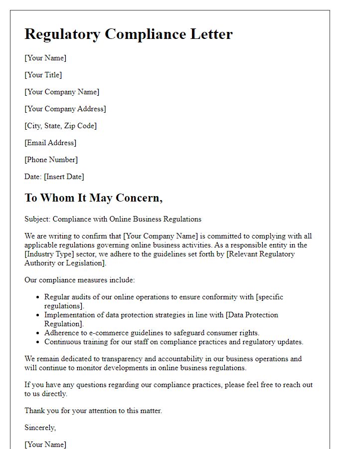 Letter template of online business regulatory compliance.