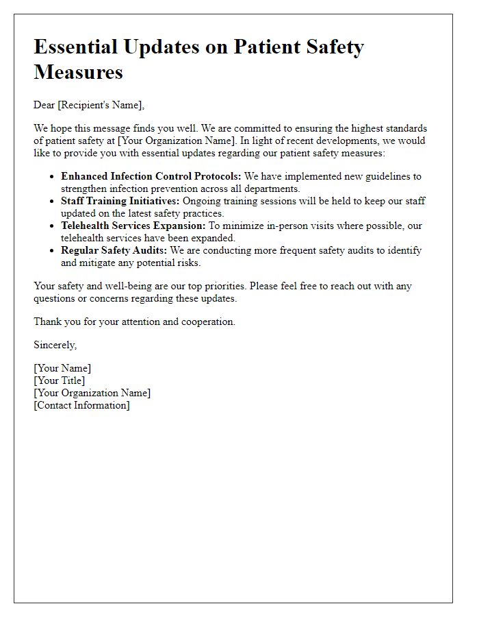 Letter template of Essential Updates on Patient Safety Measures