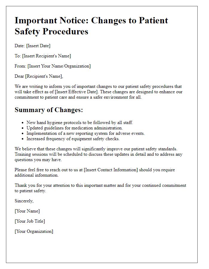 Letter template of Important Changes to Patient Safety Procedures