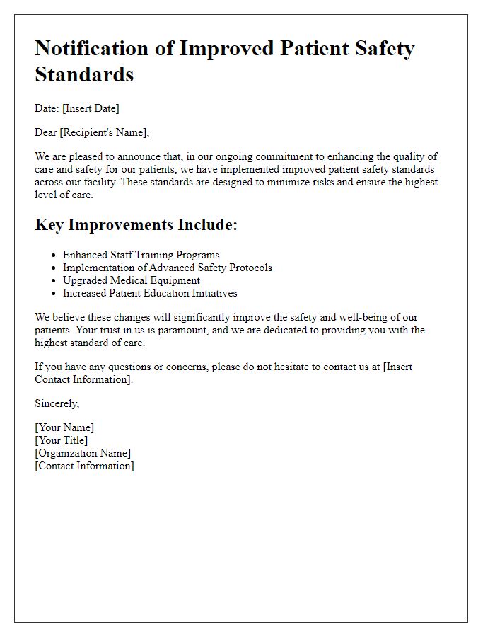 Letter template of Notification Regarding Improved Patient Safety Standards