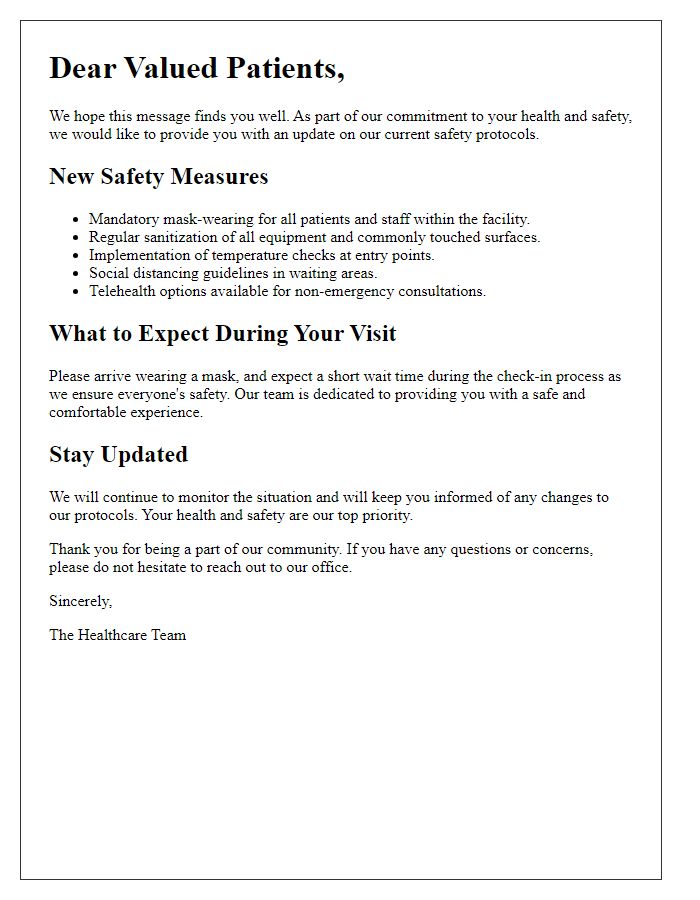 Letter template of Update on Safety Protocols for Patients