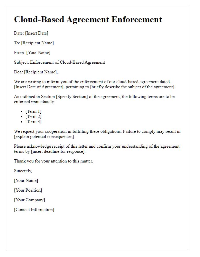 Letter template of cloud-based agreement enforcement