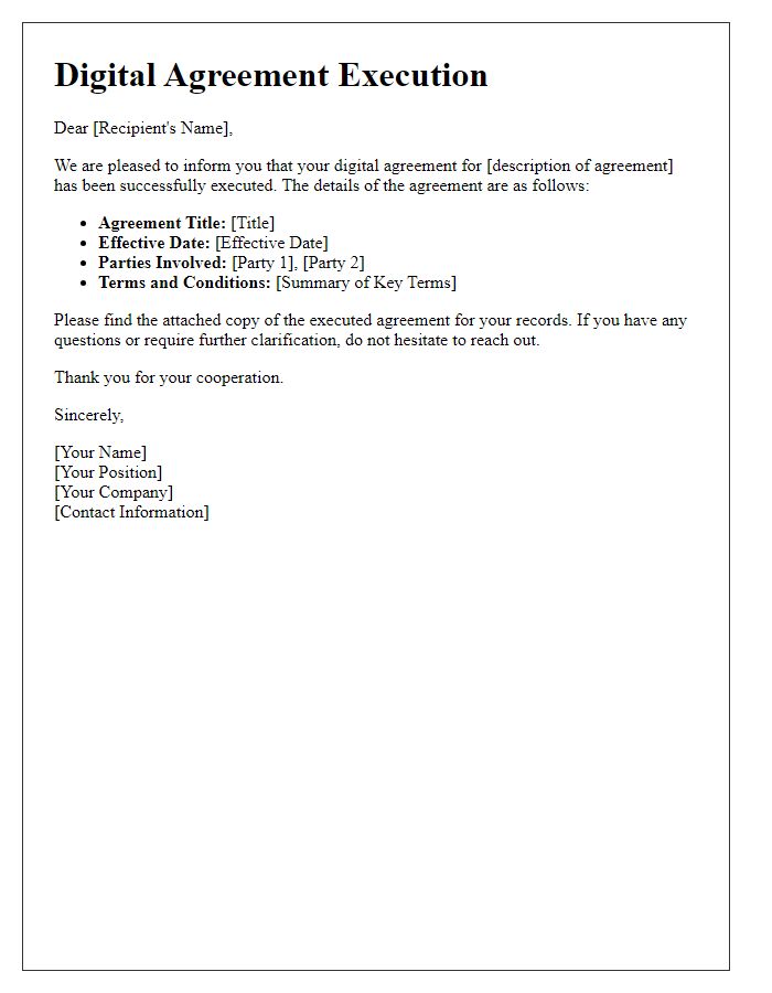 Letter template of digital agreement execution