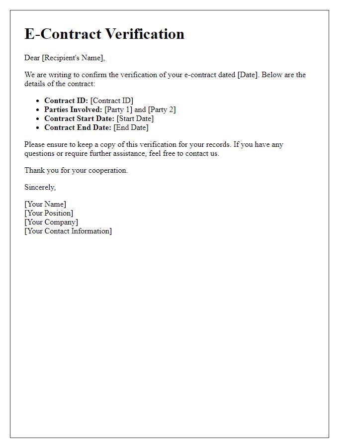 Letter template of e-contract verification