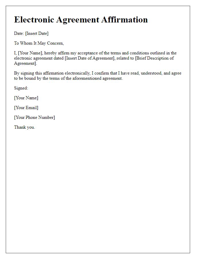 Letter template of electronic agreement affirmation