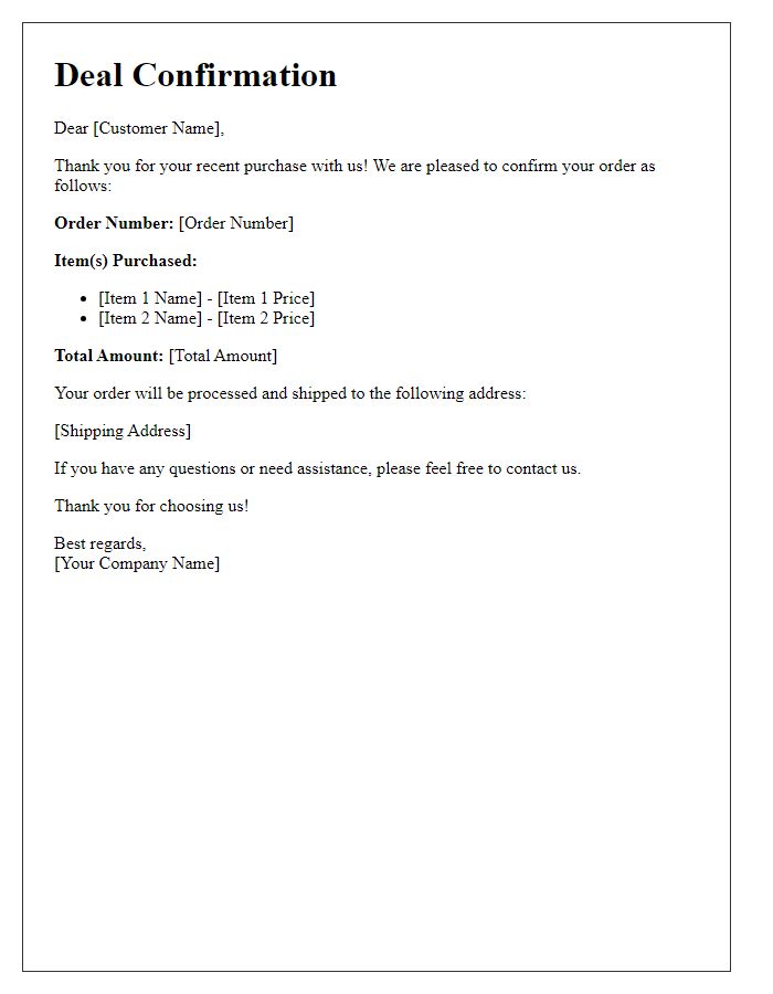 Letter template of online deal confirmation