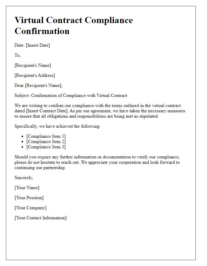 Letter template of virtual contract compliance