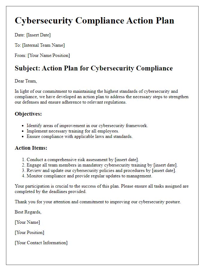 Letter template of cybersecurity compliance action plan for internal teams