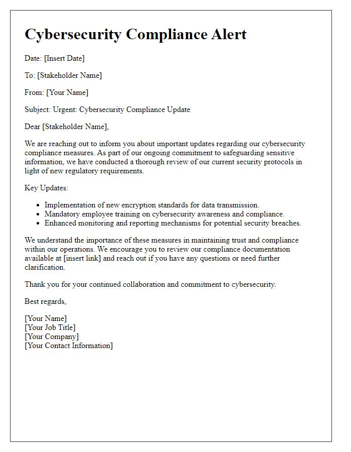 Letter template of cybersecurity compliance alert for stakeholders