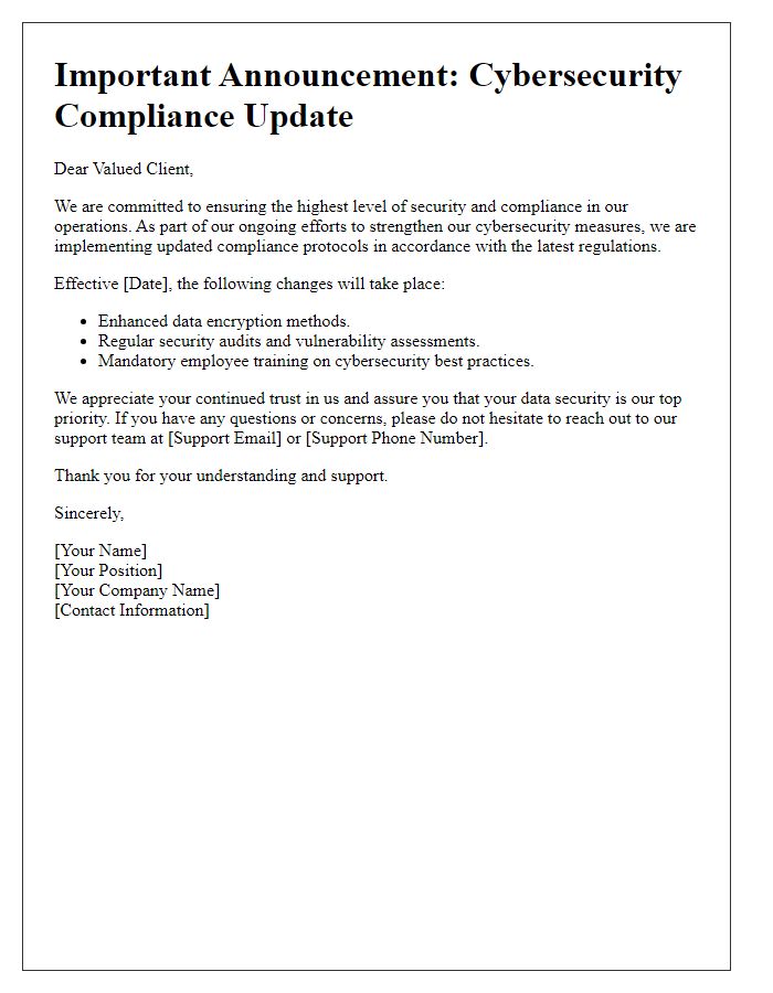 Letter template of cybersecurity compliance announcement for clients