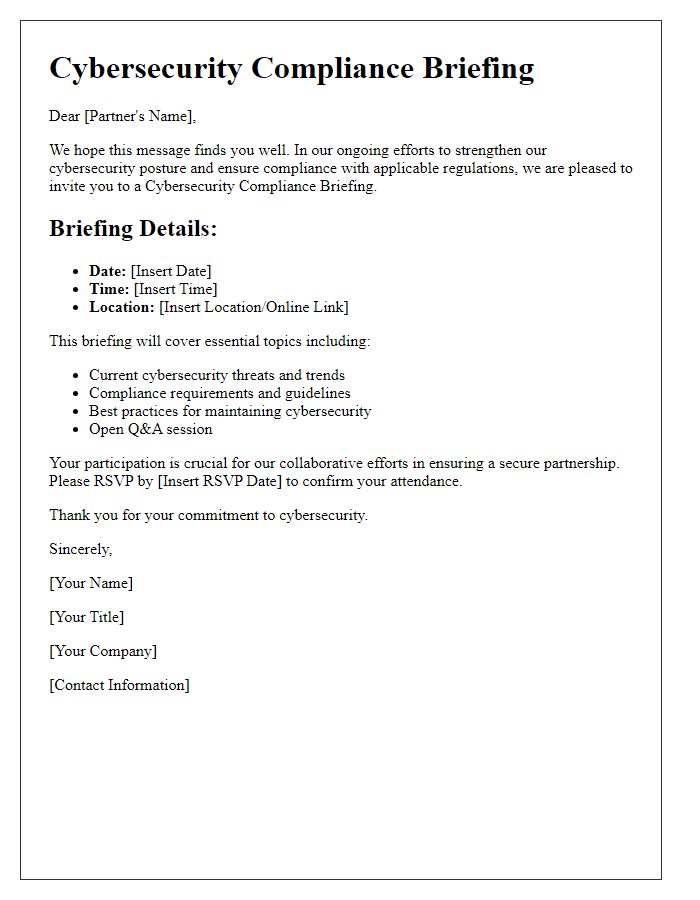 Letter template of cybersecurity compliance briefing for partners