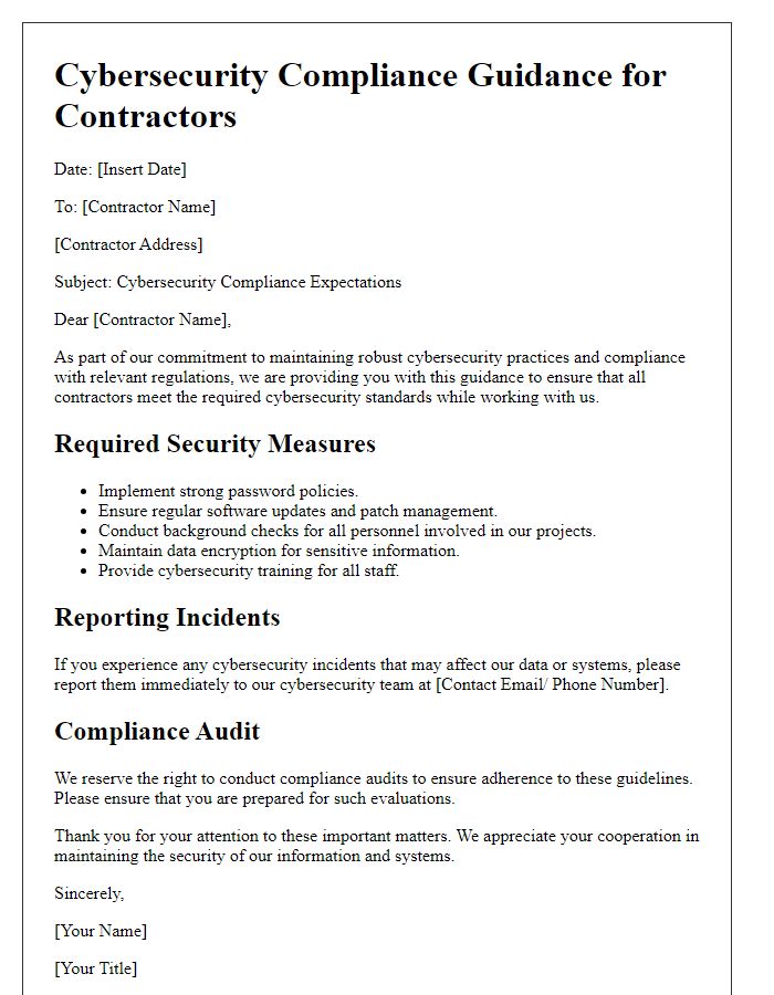 Letter template of cybersecurity compliance guidance for contractors