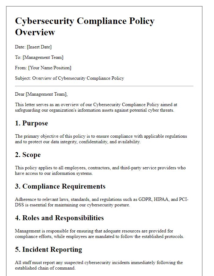 Letter template of cybersecurity compliance policy overview for management