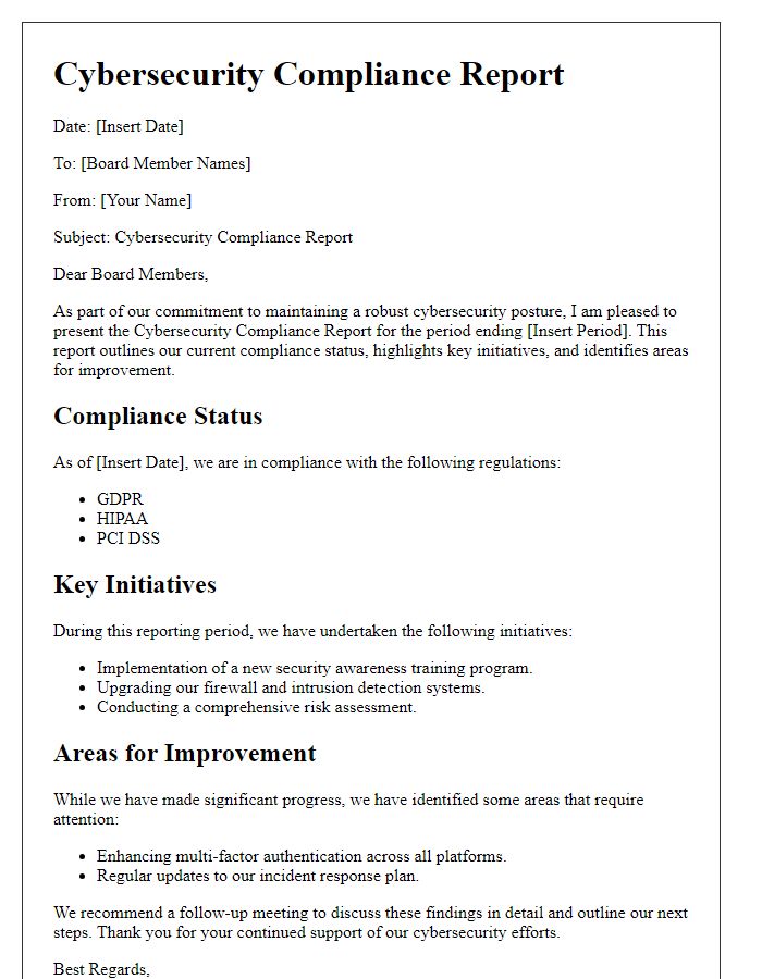 Letter template of cybersecurity compliance report for board members